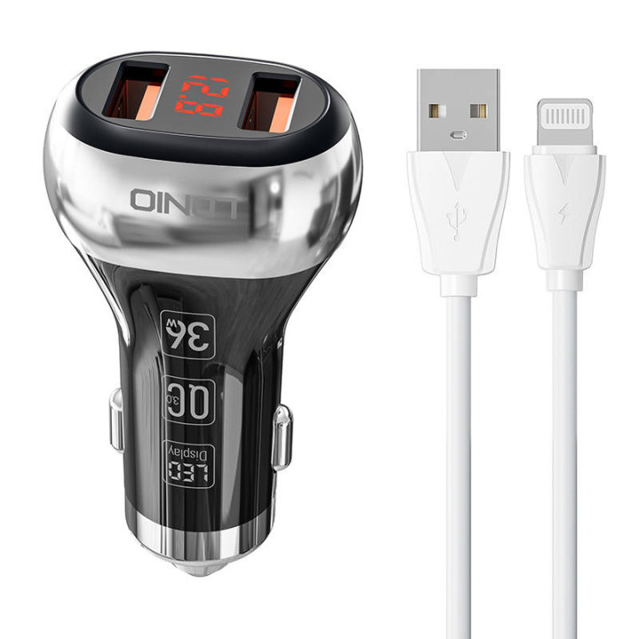 LDNIO C2 2USB Автомобильное зарядное устройство + кабель Lightning