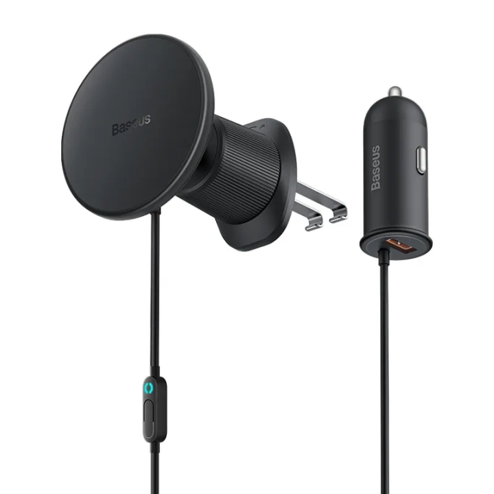 Magnetinis automobilinio telefono laikiklis Baseus CW01 prie ventiliacijos tinklelio su automobiliniu įkrovikliu USB-A, 15W + 25