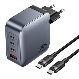 Зарядное устройство Vention 3x USB-C, 1x USB-A, (100 Вт/100 Вт/30 Вт/30 Вт) (серое) с кабелем USB-C — USB-C (1 м) (черное)