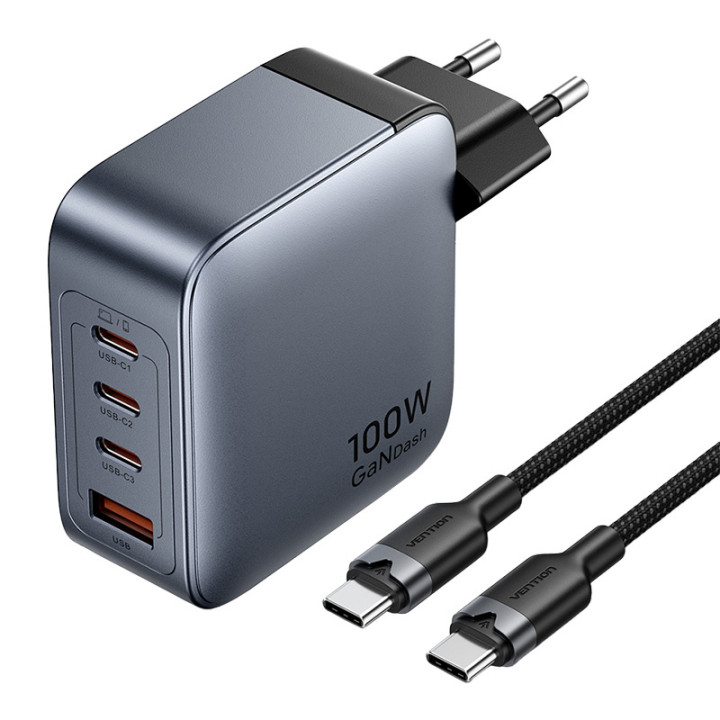 Ventilācijas strāvas lādētājs 3x USB-C, 1x USB-A, (100W/100W/30W/30W) (pelēks) ar USB-C uz USB-C kabeli (1m) (melns)