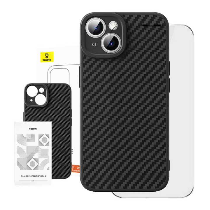 Case Baseus sintētiskās šķiedras iPhone 15 Plus + rūdīts stikls
