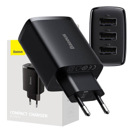 „Baseus“ kompaktiškas greitas įkroviklis, 3x USB, 17 W (juodas)