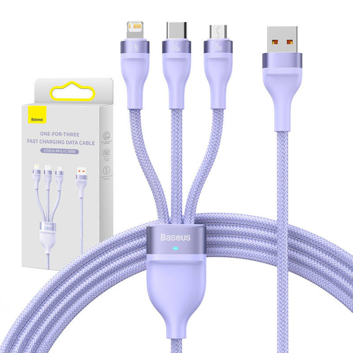 3in1 USB kabelis Baseus Flash II Series, USB-C + micro USB + Lightning, 66W, 1,2m (violeta)