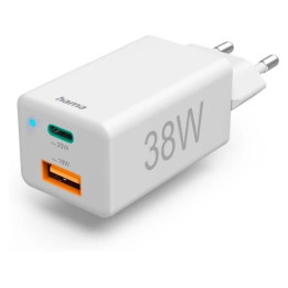 Hama mini 38W, GaN PD/QC 3.0 (1X USB-C, 1X USB-A), valkoinen