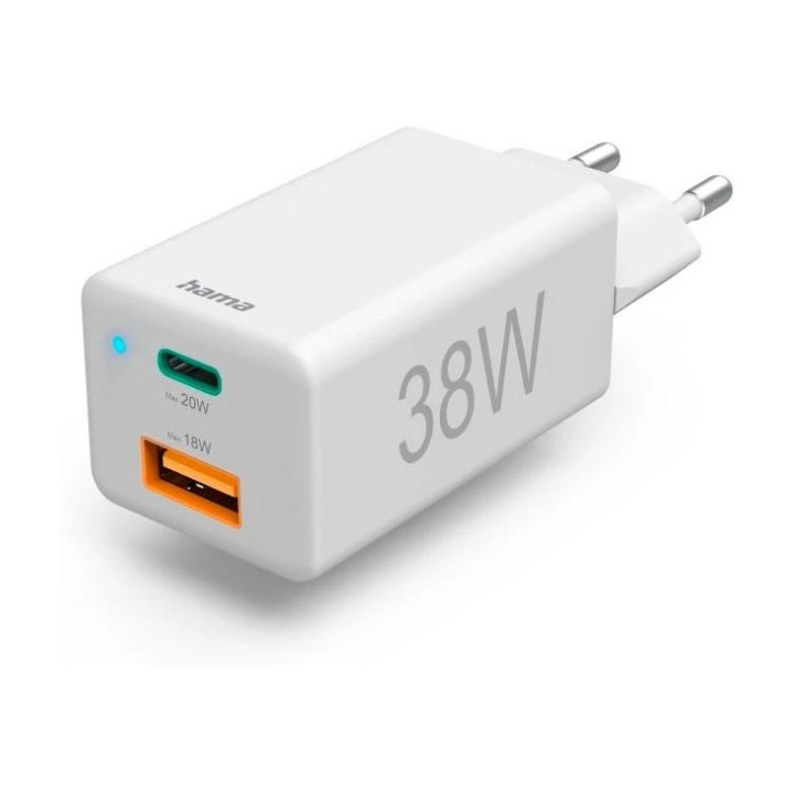 Hama mini 38W, GaN PD/QC 3.0 (1X USB-C, 1X USB-A), white