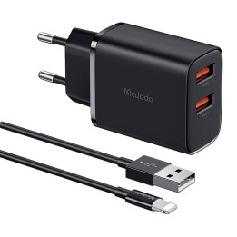 Mcdodo CH-5071 USB-A*2, сетевое зарядное устройство 12 Вт + кабель USB-A на Lightning (черный)