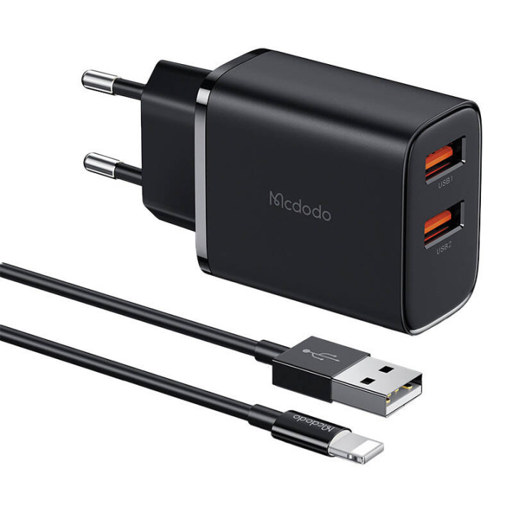 Mcdodo CH-5071 USB-A*2, сетевое зарядное устройство 12 Вт + кабель USB-A на Lightning (черный)