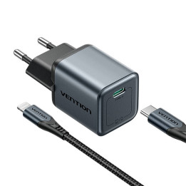 GaN Vention USB-C 20 W įkroviklis + USB-C-L 1 m laidas (pilkas)