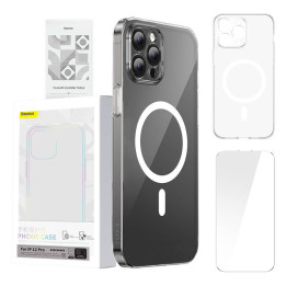 Puhelimen kuori Baseus Magnetic Crystal Clear iPhone 12 Prolle, jossa karkaistu näytönsuoja ja puhdistussarja