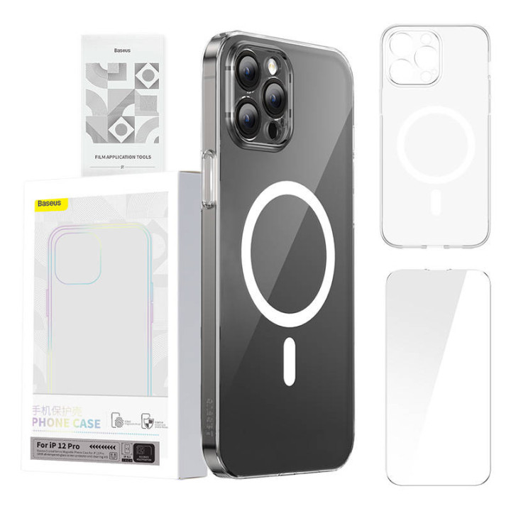 Puhelimen kuori Baseus Magnetic Crystal Clear iPhone 12 Prolle, jossa karkaistu näytönsuoja ja puhdistussarja