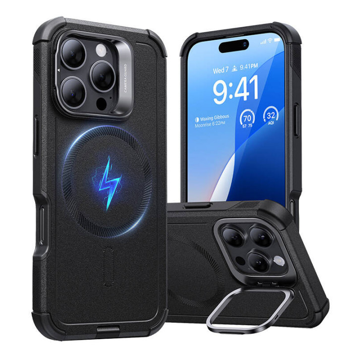 Cyber ​​Tough (HaloLock) ESR dėklas su stovu, skirtas iPhone 16 Pro Max (juodas)