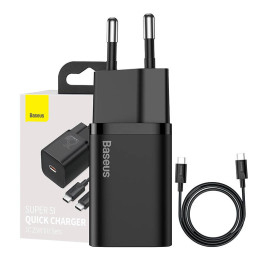 „Baseus Super Si“ greitas įkroviklis 1C 25 W su USB-C laidu, skirtas USB-C 1 m (juodas)