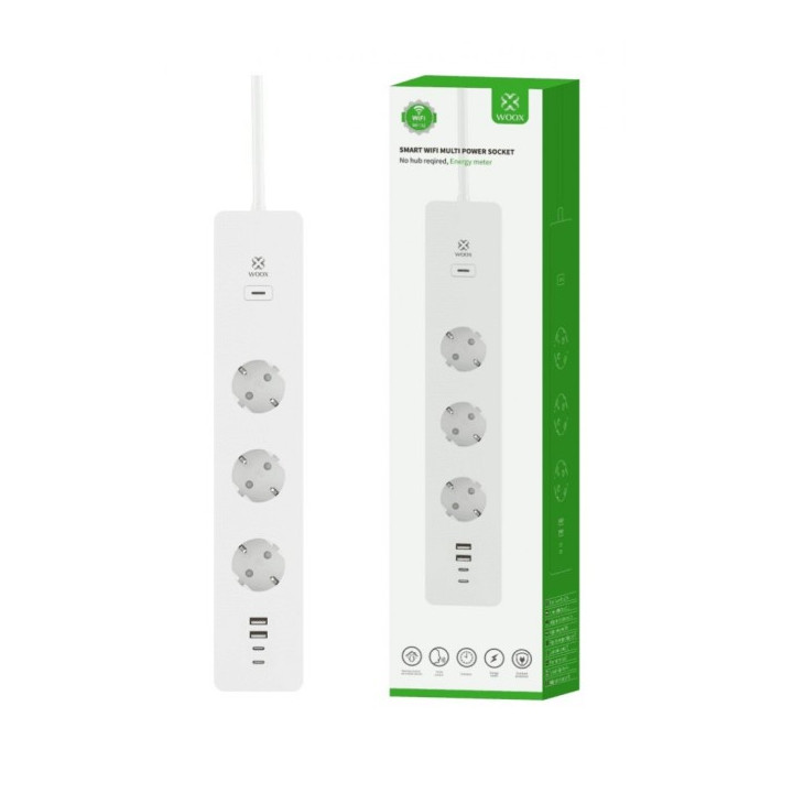 WOOX R6132 Интеллектуальная лента Smart WiFi, 3 розетки переменного тока, 2 порта USB 2.0, 2 порта USB-C