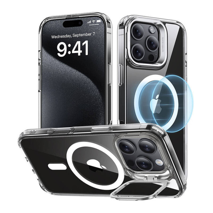 ESR Classic Hybrid (HaloLock) maciņš ar statīvu priekš iPhone 16 Pro (caurspīdīgs)