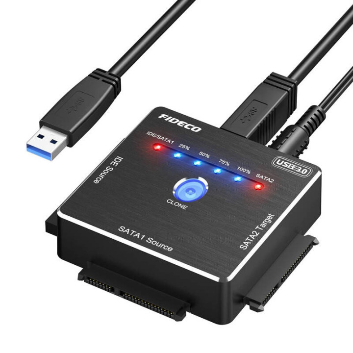 HDD/SSD-sovitin kloonaustoiminnolla FIDECO PL06 (USB 3.0, SATA/IDE)