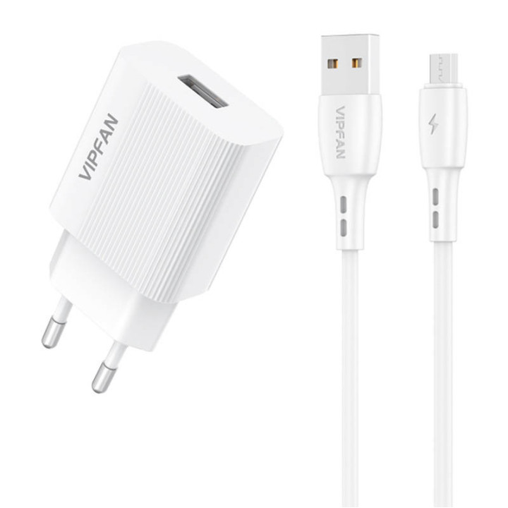 Verkkolaturi VFAN E01, 1x USB, 2.4A + Micro USB kaapeli (valkoinen)