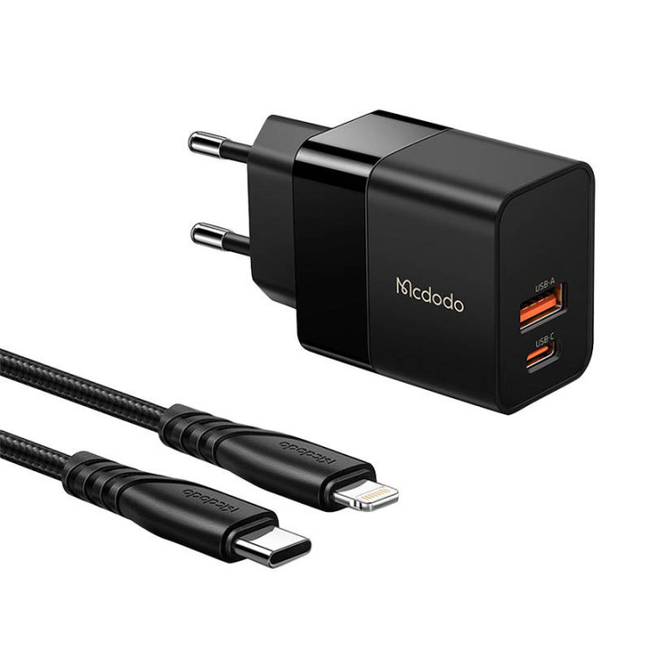 Seinalaadija Mcdodo CH-1952 USB + USB-C, 20W + USB-C kuni Lightningi kaabel (must)