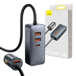 Autolaturi Baseus Share yhdessä jatkojohdolla, 3x USB, USB-C, 120W (harmaa)