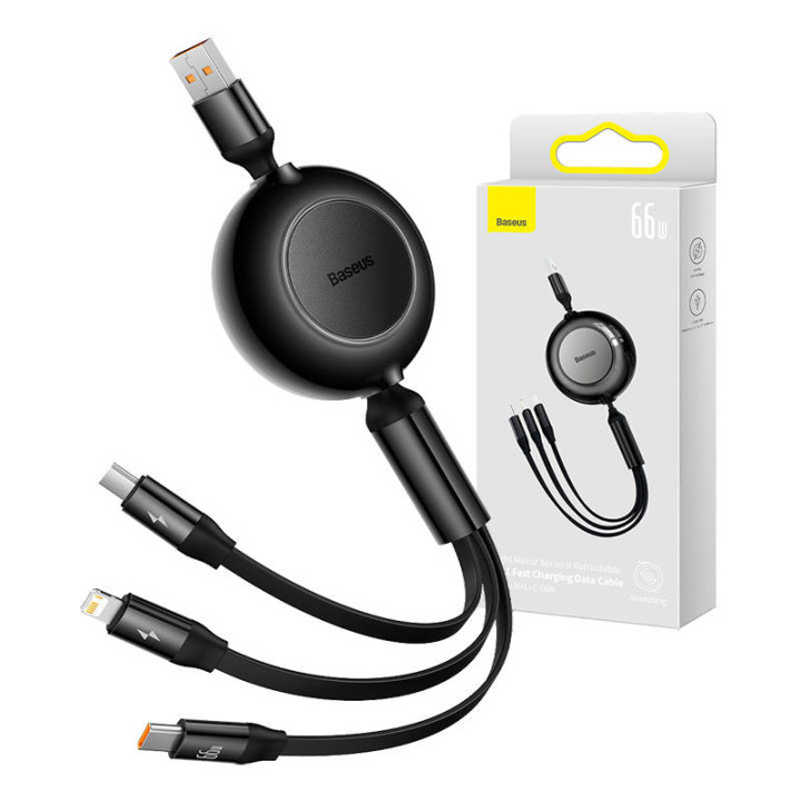 „Baseus Bright Mirror 3“, USB 3 viename laidas, skirtas mikro USB / USB-C / Lightning 66 W / 2A 1,1 m (juodas)