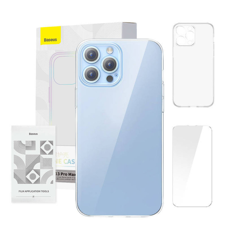 Tālruņa maciņš Baseus Crystal Clear priekš 13 Pro Max (caurspīdīgs) + rūdīta stikla ekrāna aizsargs + tīrīšanas komplekts