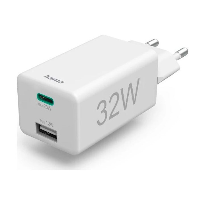 Hama mini 32W, PD/QC (1X USB-C, 1X USB-A), balts