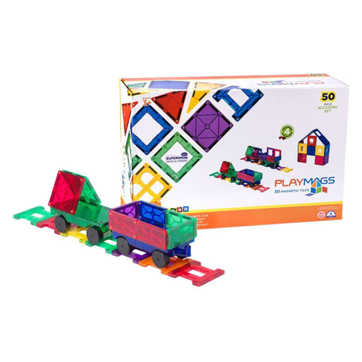 Magnetinės plytelės 3D Train Playmags 153 - 50 vnt komplektas