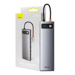 Концентратор 11 в 1 серии Baseus Metal Gleam, USB-C — 3 порта USB 3.0 + 2 порта HDMI + USB-C PD + Ethernet RJ45 + microSD/SD + V