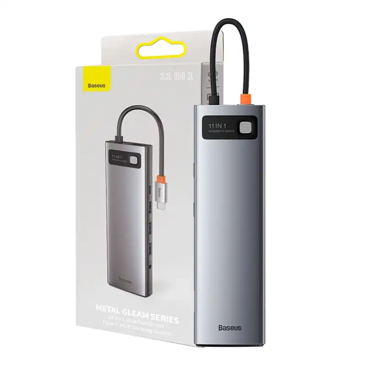 Hub 11in1 Baseus Metal Gleam Series, USB-C līdz 3x USB 3.0 + 2x HDMI + USB-C PD + Ethernet RJ45 + microSD/SD + VGA + AUX