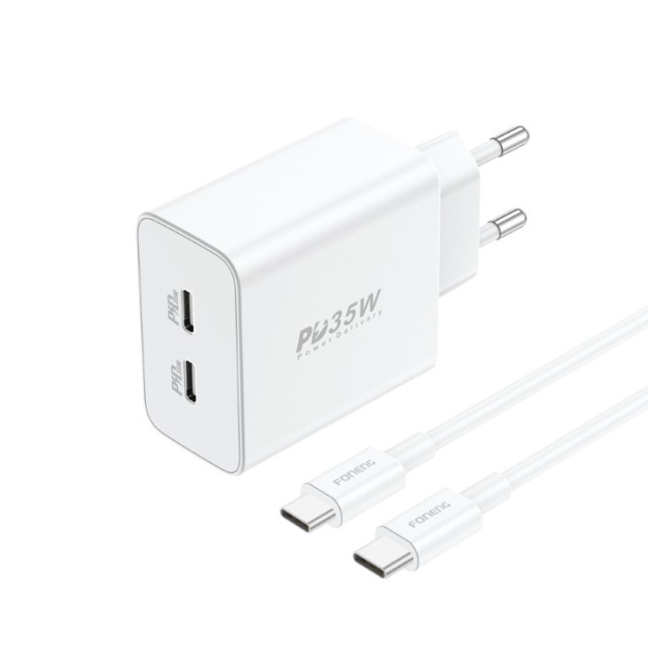 GaN Foneng EU50 įkroviklis, 35 W 2x USB-C iki C tipo iki Lightning (balta)