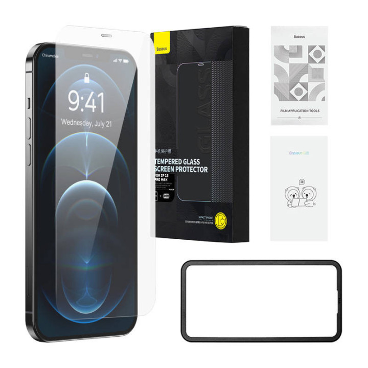 Baseus Schott HD karastatud klaas tolmufiltriga 0,3 mm iPhone 12 Pro Max jaoks
