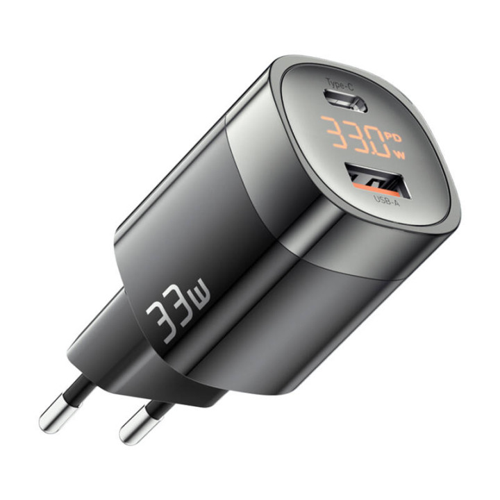 Sienas lādētājs, Essager, ECTCA-LYB01-Z, GaN, USB-A, USB-C, 33W (melns)