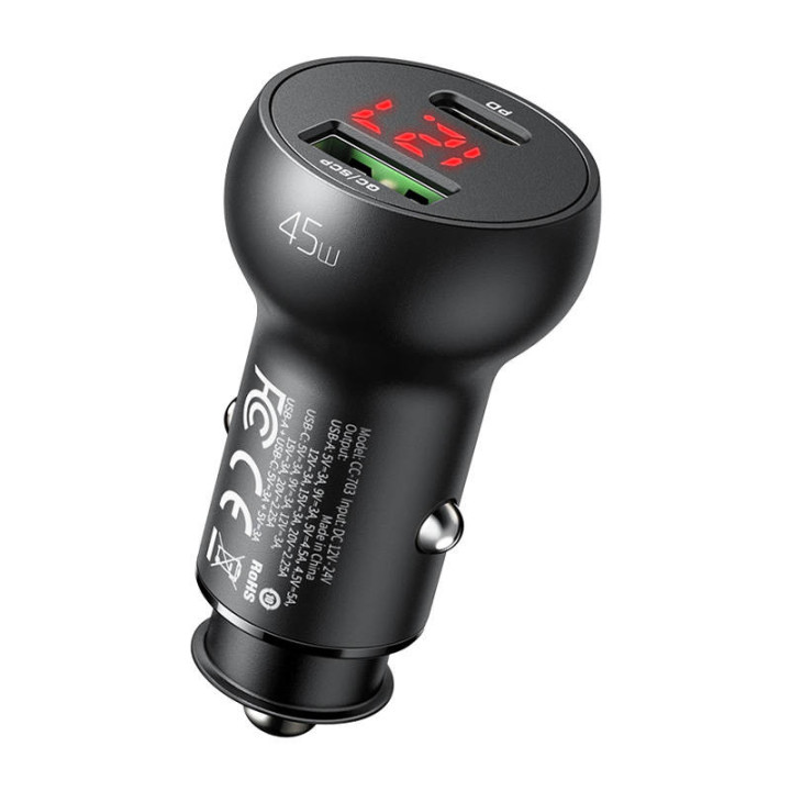 Automašīnas lādētājs Mcdodo CC-7030, USB + USB-C, ar displeju, 45 W (melns)