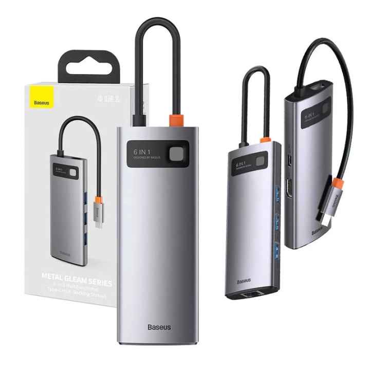 Концентратор серии Baseus Metal Gleam 6 в 1, USB-C — 3 порта USB 3.0 + HDMI + USB-C PD + Ethernet RJ45