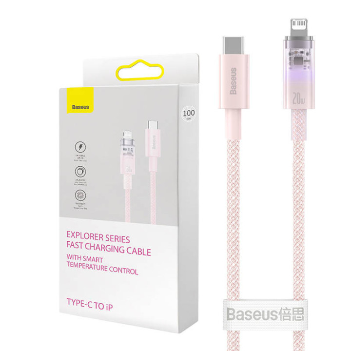 Greito įkrovimo laidas „Baseus USB-C“ su „Lightning Explorer“ serija 1 m, 20 W (rožinis)