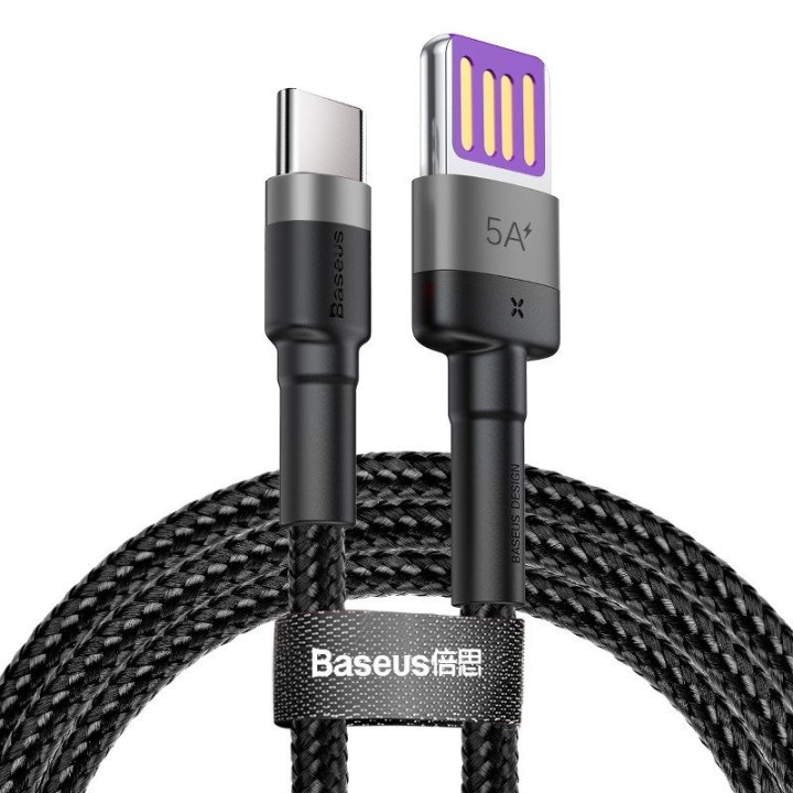 „Baseus Cafule“ USB-C laidas „Huawei SuperCharge“, QC 3.0, 5A 1 m (juoda + pilka)