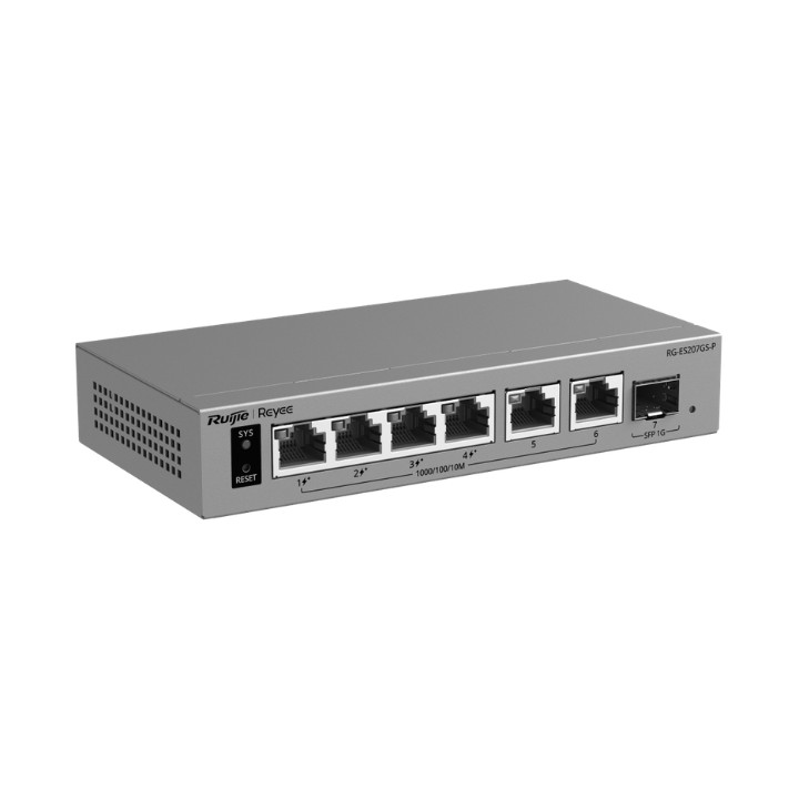 ПЕРЕКЛЮЧАТЕЛЬ POE RG-ES207GS-P 4 PRIEVADŲ + 2X UPLINK + 1X SFP REYEE