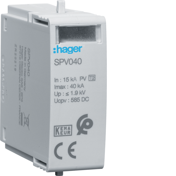 Hager SPV040 Type 2 Surge Protective Cartridge 1P for Photovoltaic Systems