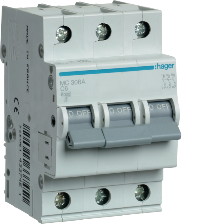 Hager MCS306 Miniature Circuit Breaker 3P, C-6A, 6kA